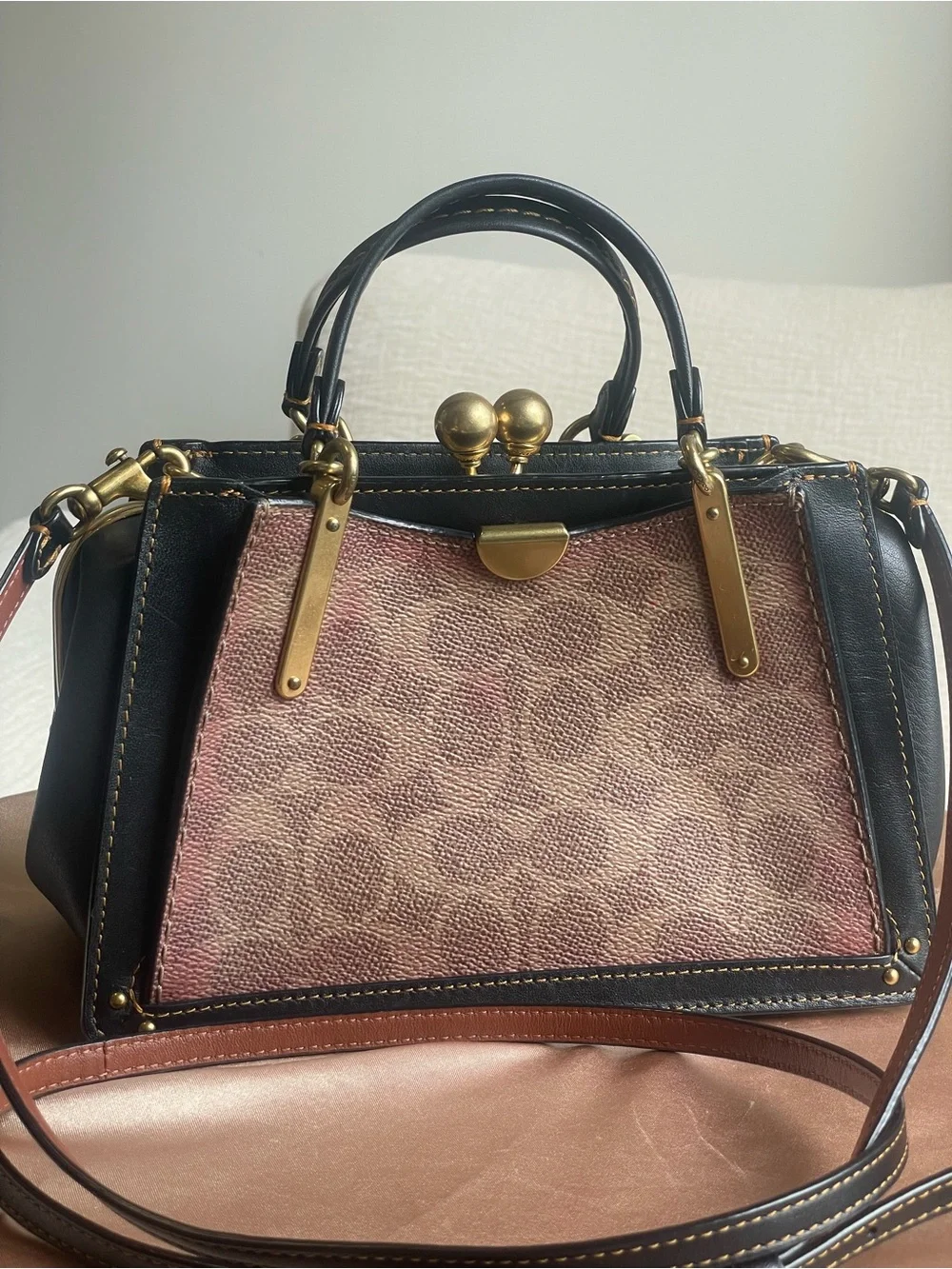 Coach 1941 Dreamer 21 Signature Frame Kiss Lock Satchel in Brown and Black